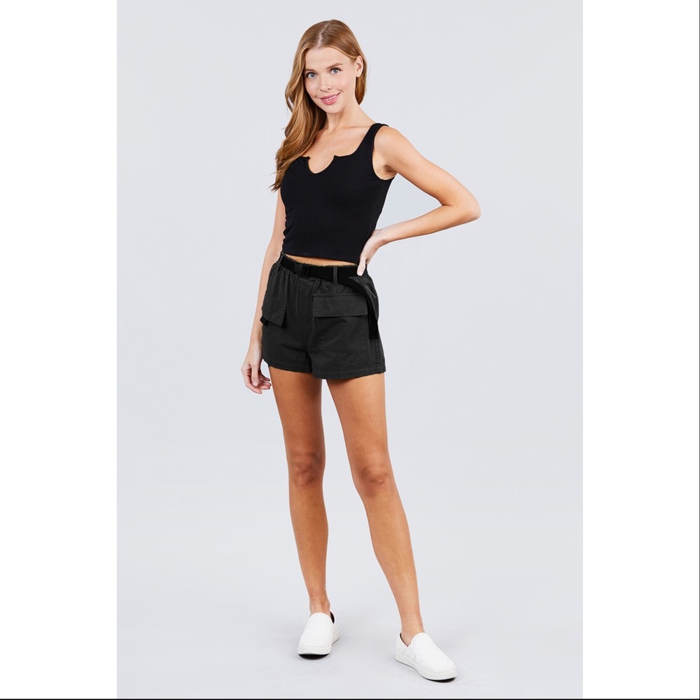 Black Belted Side Pocket Cargo Cotton Short Pants - Picture 2 of 6